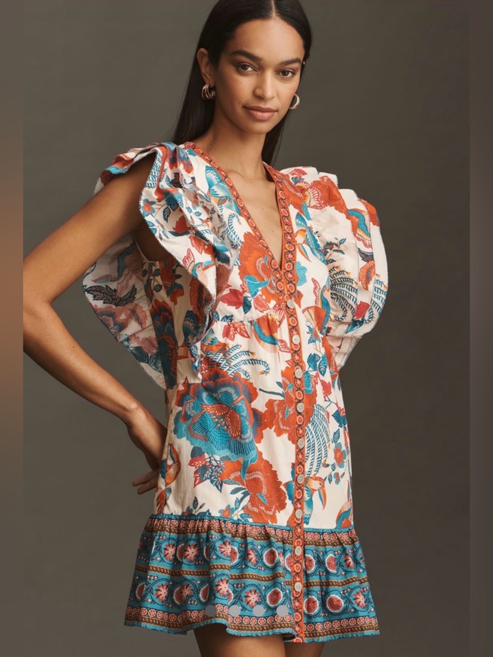 Farm rio for Anthropologie Floral Ruffle Mini Dress in Teal & Coral - Picture 2 of 6